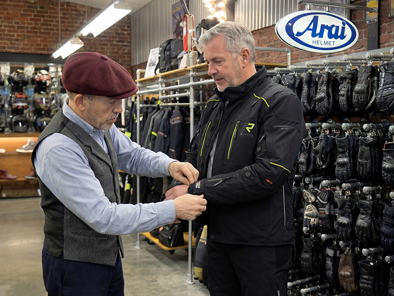 Chris fitting man wearing Rukka Nivala 3 in Motolegends shop